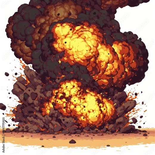 Dynamic pixel art explosion erupts with fiery smoke and debris, demonstrating powerful destructive force, perfect for retro game animation video.