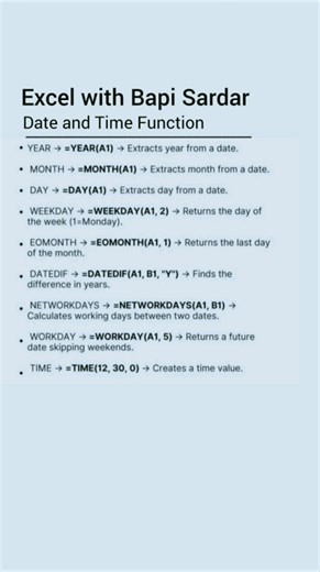 📅 Date & Time Functions in Microsoft Excel ⏰ Master Excel’s Date & Time functions to calculate days, track deadlines, and manage schedules with ease! From finding today’s date to calculating working days, these functions save time and boost accuracy. 🔹 Popular Date & Time Functions: TODAY() – Returns current date NOW() – Returns current date & time DATE() – Creates a date from year, month & day TIME() – Creates time from hour, minute & second DAY(), MONTH(), YEAR() – Extract date parts TEXT() 