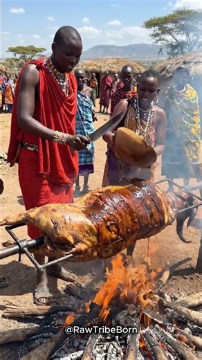 African Tribal Feast Cooking Whole Goat on Open Fire | Traditional Village Food #shorts #tribalfood