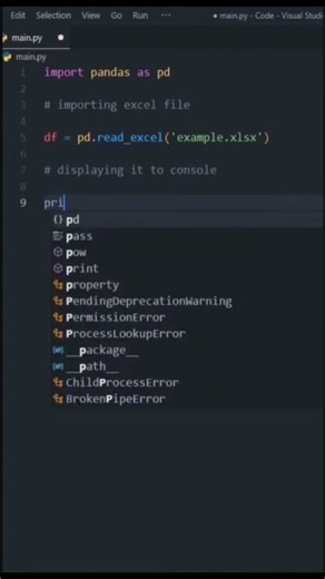 I import Excel file with pandas and display it to Console in 4sec using Python #python #code #fyp