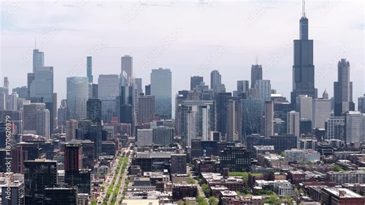 Downtown Chicago USA Cityscape Skyline, Drone Aerial View on Sunny Day