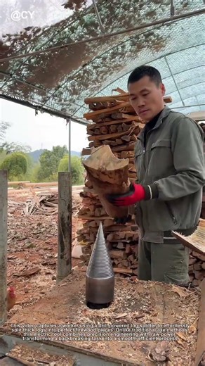 "Wood Splitting Revolution! 🔥 Man Effortlessly Splits Logs with Drill-Powered Machine"