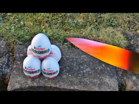 KINDER SURPRISE EGG CUT WITH A GLOWING 1000 DEGREE KNIFE! - Experiment