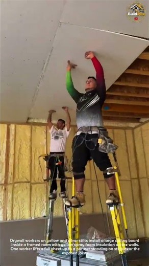 Hanging Drywall Ceiling On Stilts 🏗️🪜 #drywall #construction #stilts