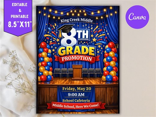 8th Grade Promotion Flyer Template | Middle School Graduation Poster | Editable Canva School Ceremony | Instant Download - Etsy
