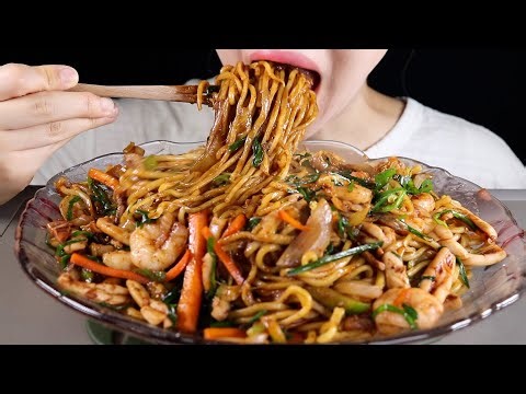 ASMR Stir-fried Seafood Black Bean Noodles Platter | Jaengban-jjajang | 쟁반짜장 | Eating Sounds Mukbang