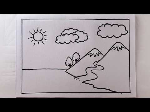 Easy Mountain Scenery Drawing Step by Step | Simple Nature Landscape Drawing with River
