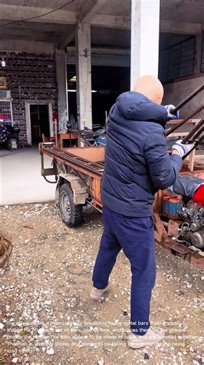 Man Unloads Heavy Metal Bars from Trailer with Effort