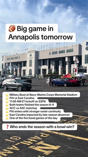 Big game in Annapolis tomorrow 🏈 The Military Bowl returns to Navy–Marine Corps Memorial Stadium, putting the spotlight on the Naval Academy and the city of Annapolis as Pitt and East Carolina face off in one of the first bowl games of the day. This matchup brings an ACC vs AAC showdown to Navy’s home field, with both teams finishing the regular season at 8–4. The Military Bowl has become a staple in Annapolis, honoring U.S. service members while showcasing college football on a national stage.