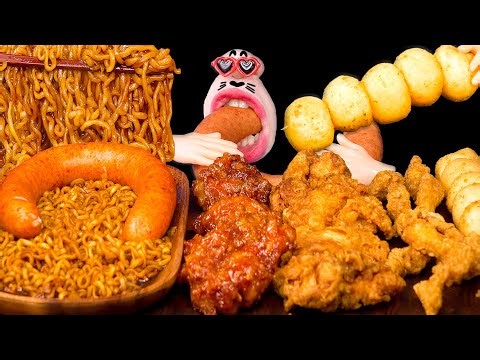 ASMR KIELBASA SAUSAGE & BLACK BEAN NOODLES MUKBANG (No Talking) FRIED CHICKEN