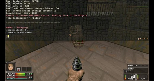 Hand Grenade - custom Doom weapon(Realm667 version)A main weapon on the 0 key.YOU HAVE TO HOLD FIRE before releasing to charge the throw, otherwise you just drop it at your feet.No alt fire, can't be cooked. Speed/distance depends on throw, explodes on enemy contact.