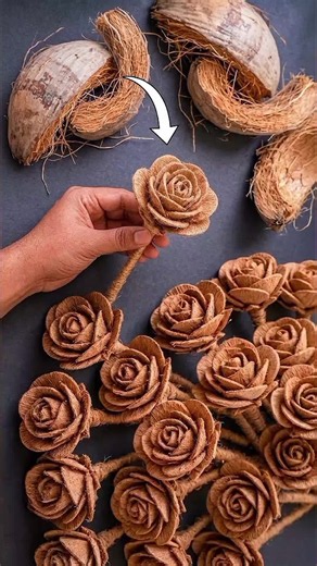 Coconut Fiber Transformed Into Handmade Roses | A Creative Upcycling Project #coconutcrafts #diyflowers #recyclingcrafts #foryou #fyp