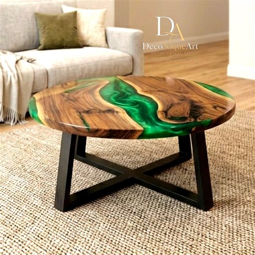 Turquoise Epoxy River Coffee Table | Round Walnut Resin Center Table | Handmade Modern Furniture - Etsy