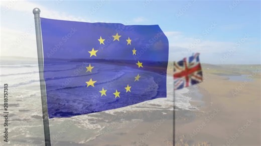 Onshore breeze causing EU flag billowing and rippling, sheer showing surf, UK flag fluttering