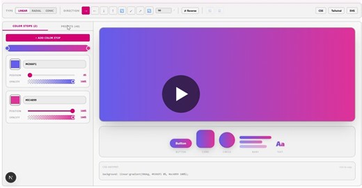 Made this fully-featured CSS gradient generator. Features: - Presets organised by theme — Nature, Cool, Vivid, Dark, and more - Linear gradients with directional control - Radial gradients — circle… | Tony Eappen