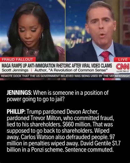In a recent CNN discussion, concerns were raised about the lack of accountability for high-level fraudsters. The conversation highlighted several controversial pardons and commutations by Trump, including Devin Archer, Trevor Milton, Carlos Watson, and David Gentile, who collectively avoided billions in penalties. The speakers emphasized the need for prosecuting those in power to deter fraud, stating, "Fraud is bad. Fraud should be prosecuted." They also pointed out that fraud prosecutions occur