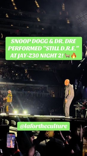 TWO LEGENDS. ONE TIMELESS HIP-HOP CLASSIC! 🐐🔥 Dr. Dre and Snoop Dogg had the crowd going crazy as they performed “Still D.R.E.” during JAY-Z30 Night 2 at SoFi Stadium in Inglewood! 🎤🔥 Released in 1999 as the lead single from Dr. Dre’s iconic album *2001*, “Still D.R.E.” became one of the most recognizable songs in hip-hop history. With its unforgettable piano melody, production by Dr. Dre and Mel-Man, and lyrics written by JAY-Z, the record represents a legendary collaboration between some o