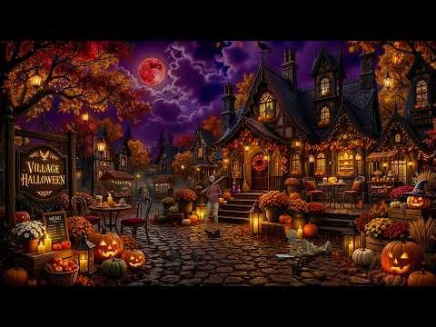🎃🦇 Cozy Halloween Village Vibes | Spooky Autumn Jazz, Blood Moon & Crunchy Leaves -Jack O'Lantern