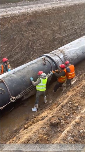 On-site manual alignment and connection of large-diameter pipes in a deep trench.