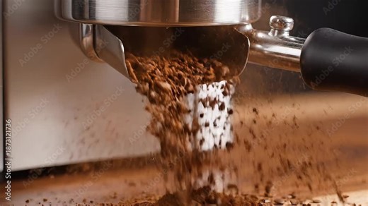 Closeup shot of fresh roasted coffee beans being meticulously ground into fine powder by an automatic espresso machine preparing a delicious morning beverage with rich aroma and flavor in a modern ki.