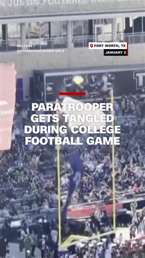 A paratrooper became entangled in field goal netting during a pre-game display at the Armed Forces Bowl in Fort Worth, Texas, before falling to the ground. According to USA Today, citing a game spokesperson, the parachutist was able to get up and walk off the field unassisted.