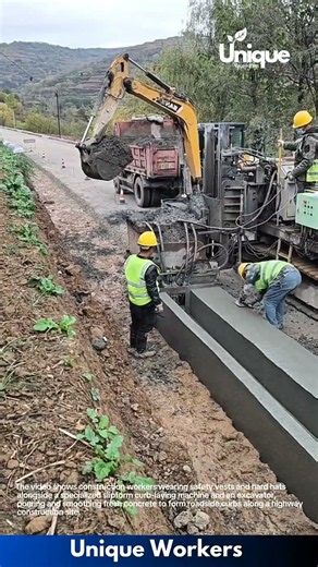 Road Construction: Slipform Machine and Workers Pouring Concrete Road Curbs