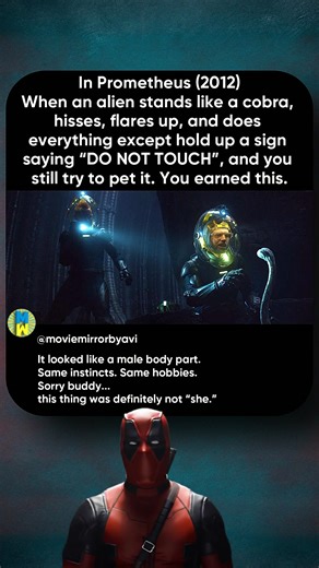 The Dumbest Death in Prometheus In Prometheus (2012), directed by Ridley Scott, one death stands out as the most frustrating and avoidable in the entire movie. The Hammerpede creature clearly behaves like a threat: it stands upright like a cobra, hisses, flares up, and gives every possible warning sign. Yet the character still approaches it like a harmless animal. What follows feels less like bad luck and more like natural consequences. Starring Michael Fassbender as David and Noomi Rapace as El