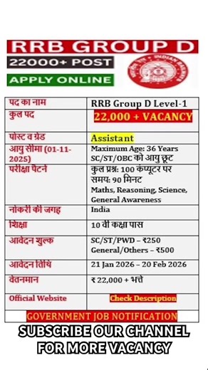 22,000+ Post in Railway RRB Group D Recruitment 2026 Level 1 #railwayrecruitment #sarkariexam #rrbs