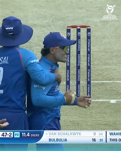 Uzairullah Niazai's brilliant direct hit results in the run-out of Proteas opener Jorich van Schalkwyk 🎯 Watch the #AFGvSA action LIVE, broadcast details 📺: https://www.icc-cricket.com/tournaments/u19-cricket-worldcup-2026/news/broadcast-details-for-icc-u19-men-s-cricket-world-cup | ICC - International Cricket Council