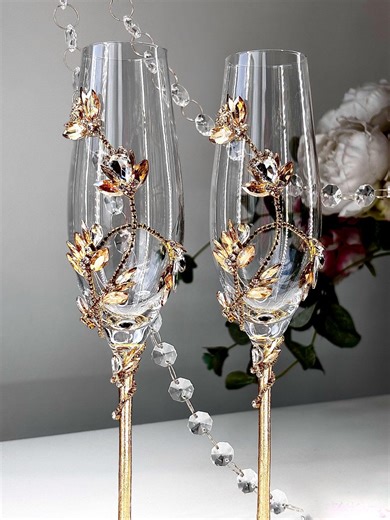 Gold Wedding Champagne Flutes, Luxury Jeweled Toasting Glasses, Personalized Wedding Gift for Bride and Groom - Etsy