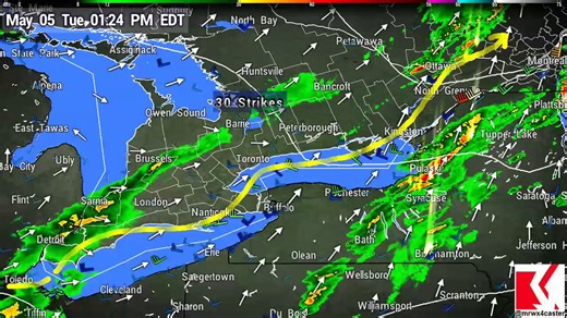 Latest Regional radar composite loop, last 6 hrs. history till 7:09 PM EDT. Rain, and a few storms south of the lower lakes moving NE-ward along a cold front, which is sinking SE-ward, most of the weather run thru that corridor (Yel. line) this evening. #onwx #onstorm