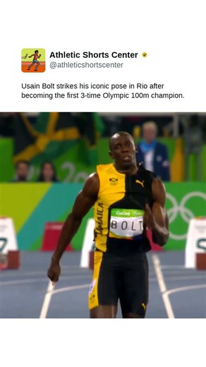 Usain Bolt strikes his iconic pose in Rio after becoming the first 3-time Olympic 100m champion.