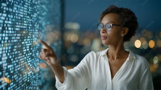 81Black female data scientist examining scrolling binary code on a transparent digital wall, reflections of numbers on glass, elegant professional clothing, cutting-edge technology o