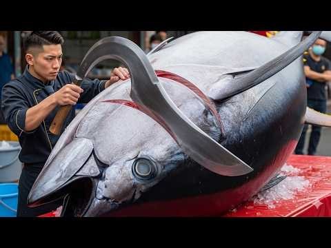Surgeon precision cuts 500 kg giant bluefin tuna like a master