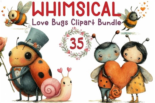 Whimsical Love Bugs Clipart Watercolor Valentine PNG Insect Romantic Character Illustration Fantasy Set - Etsy UK