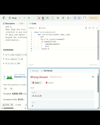 LeetCode 27 | Remove Element | Two Pointers | In-Place Array | Python #coding #python #leetcode