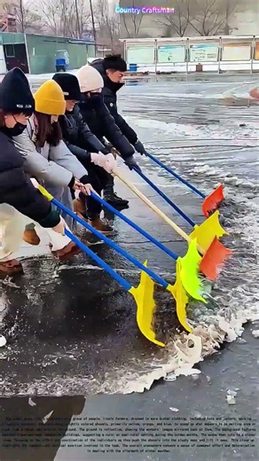 Teamwork in Action: Farmers Shoveling Melting Snow Together
