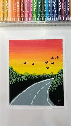 🎨 Easy Road Painting | Oil Pastel Art #artshorts #easytutorial #acrylicpainting #oilpasteldrawing