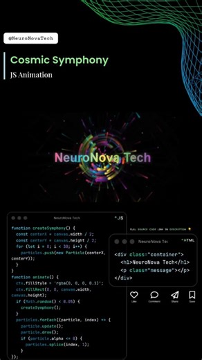 NeuroNova Tech on Instagram: "🌌✨ Cosmic Symphony Animation! A hypnotic blend of particles, motion, and space-inspired visuals — crafted through creative coding 💻🌠 Perfect for UI backgrounds, visualizers, or anyone who loves generative art and cosmic vibes. 📥 How to Download the Code: 1️⃣ Go to Telegram channel link in Bio. 2️⃣ Join the Telegram channel. 3️⃣ Search by Code No: 25JS082SP. 4️⃣ Download the ZIP file. 5️⃣ Extract the files and use them in your project. ⚠️ Copyright Notice: This c
