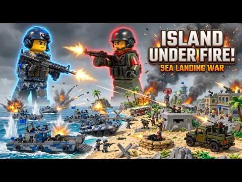 LEGO Island Landing War Blue Army Storms a Civilian Island Under Fierce Red Army Defense