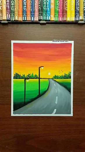 Easy Sunset Road Scenery Drawing with Oil Pastels | Step-by-Step Tutorial #shorts
