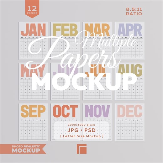 12 Papers Mockup, Calendar Mock Up, Letter Size Mockup, 8.5x11 Ratio - Etsy UK