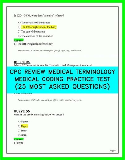 CPC REVIEW MEDICAL TERMINOLOGY MEDICAL CODING PRACTICE TEST 25 MOST ASKED QUESTIONS UPDATED 2026