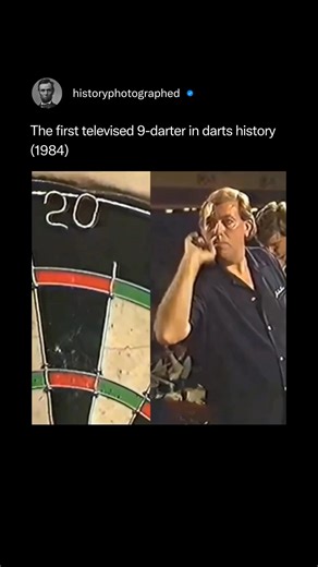 On October 13, 1984, John Lowe achieved the first-ever televised nine-dart finish during his match against Keith Deller at the MFI World Matchplay tournament. This perfect leg, accomplished with two 180s followed by a 141 checkout (treble 17, treble 18, double 18), made history and earned him a substantial prize of £102,000. Credit: ITV | History In Pictures