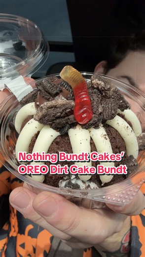 Nothing Bundt Cakes’s OREO Dirt Cake Bundt is here for Spooky Season so you know we had to grab one and give it a try. Returning to the menu October 26th for a limited time, the Nothing Bundt Cakes OREO Dirt Cake Bundt is one of my favorites. It features a Chocolate Chocolate Chip cake base baked with OREO Cookie pieces crumbled on top and bottom, plus a chocolate pudding filling, and a topping of gummy worms. It is absolutely loaded. Will you be trying Nothing Bundt Cakes’s OREO Dirt Cake Bundt