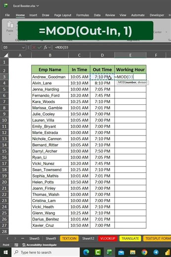 🔥 Calculate Work Hours in Excel in Seconds! (MOD Formula Trick) #shorts #exceltips #exceltricks