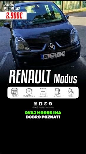 🚘 Renault Modus 1.4 🗓 2006. godište 🛞 158,200 km ⛽ Benzin 💥 1390 cm³ 🐎 72/98 (kW/KS) 📅 Registrovan do: 12.2026. 📍 Beograd (Višnjica) 💰 2,900 € ❌ Fiksna cena: NE ⭕ Zamena: NE 📞 Kontakt telefon: 0693435044 Opis: Tek registrovan do 12/2026 Sređen za porodicu a može i kao dostavno vozilo ili za početnike. Pregledan je, ima putni računar, abs, servo, senzori za kišu, tempomat, podizače električne, isofiks sedišta za bebe, sedišta Cena 2.900 EUR , može dogovor Prešao 158.200 Sređen za porodic