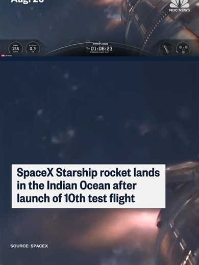 The #SpaceX#Starship spacecraft successfully made its way to the splashdown site in the Indian Ocean. This was the tenth flight test of the Starship spacecraft and super-heavy rocket booster, after the launch was scrubbed twice in a row this week.
