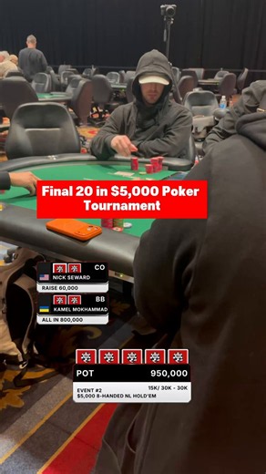 25 Year Old Bracelet Winner DEEP in $5k and in DANGERNick Seward found himself all-in and at risk with just 21 players remaining in WSOP Event #2: $5,000 No-Limit Hold'em. Seward is a young pro who's already collected one WSOP gold bracelet and racked up more than $4,000,000 in live earnings.After a self imposed short break from live poker, Seward is off to a hot start with a deep run in one of the opening events of the summer.