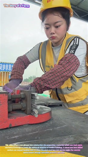 Skilled Construction: Watch a Worker Bend Rebar with a Manual Bender! 💪🔧↓